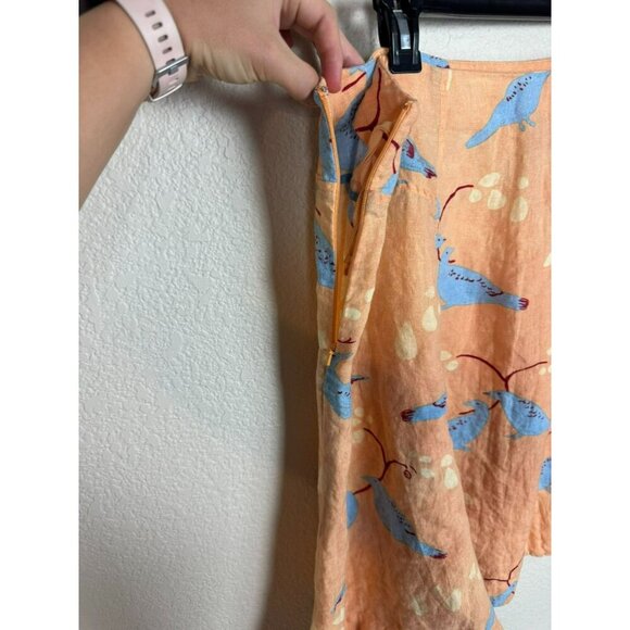 Anthropologie Meadow Rue Skirt Size 14 Linen Knee Length Peach Blue Bird A Line - Picture 8 of 9